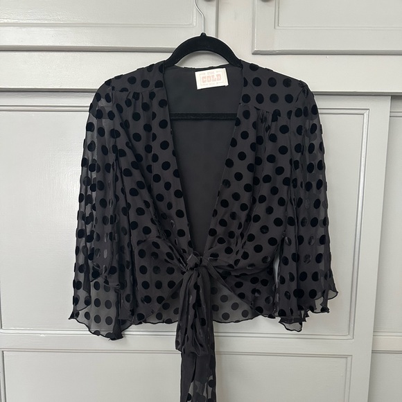 Stone Cold Fox Tops - Black Sheer Polka Dot Tie-Front Top